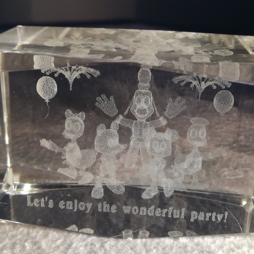 Disney Etched Glass Paperweight "Let's enjoy this wonderful Party"